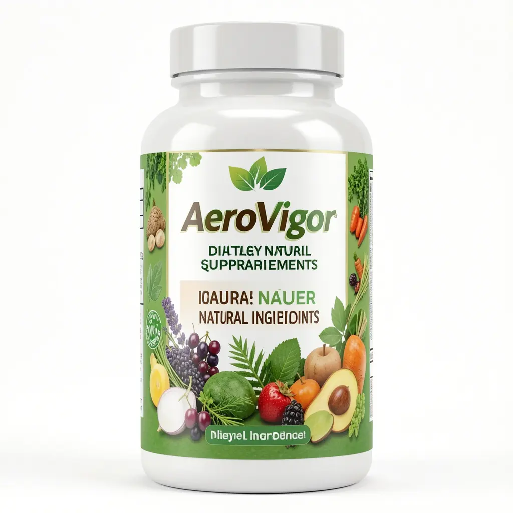AeroVigor dietary supplement bottle with natural ingredients label, front view